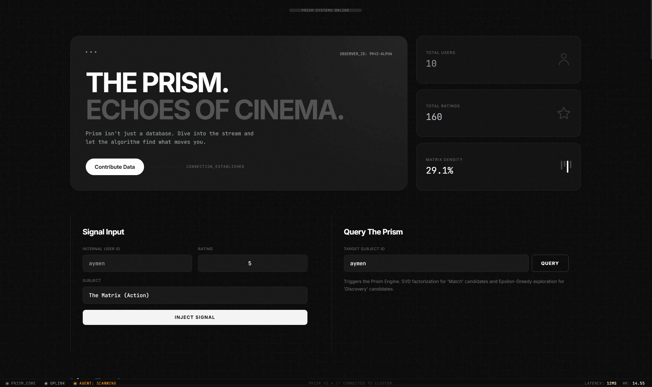 Interface web PRISM CINE — recommandations de films et notation en ligne